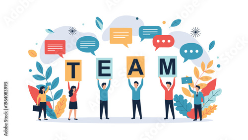 Group of diverse professional people holding up letters that spell out the word team in a stylized office setting.