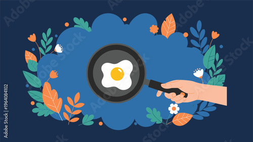 Hand holding a black frying pan with a single sunny-side-up fried egg against a dark blue background with clouds and leaves.