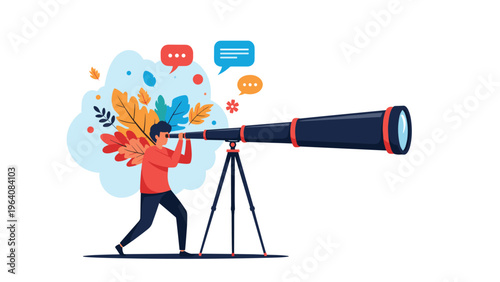 Person standing on a tripod using a long telescope to look ahead with colorful leaves and speech bubbles in the background.