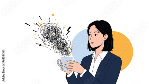 Businesswoman in a dark suit holding a light blue mug with a tangled mess of lines and lightning bolts rising from it.