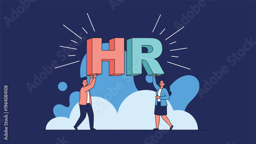 Man and woman working together to lift large red and teal 3D letters spelling HR against a blue cloudy background.