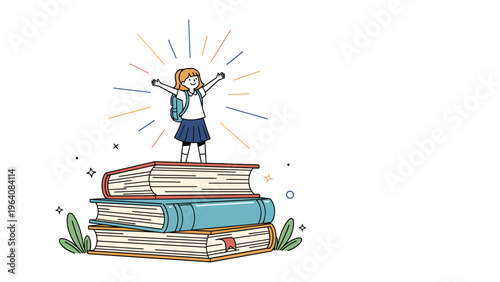 Young schoolgirl with a backpack standing triumphantly on a tall stack of books with colorful rays of light shining behind her.