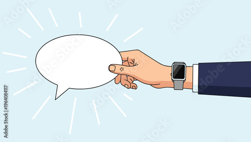 Arm in a dark blue suit holding a large white oval speech bubble against a light blue background with radiating lines.