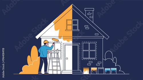 Construction worker on a ladder painting a house with orange paint as it transforms from a simple line drawing.