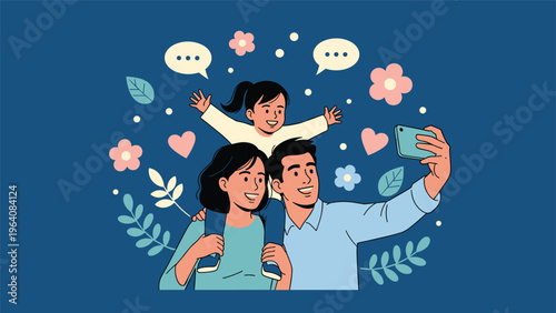 Happy family of three taking a selfie with a smartphone decorated with pink hearts and flowers on a dark blue background.