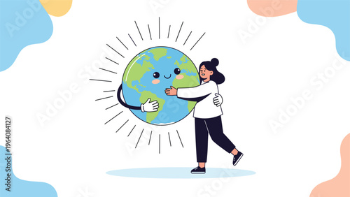 Young woman hugging a large cute earth globe with a smiling face and blushing cheeks against a white background.