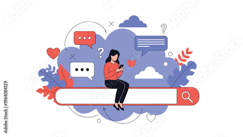 Woman sitting on a long search bar and using her mobile phone surrounded by clouds, hearts, and chat bubbles.