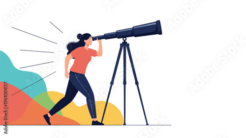 Woman standing and looking through a long telescope on a tripod towards a series of colorful abstract wavy shapes.