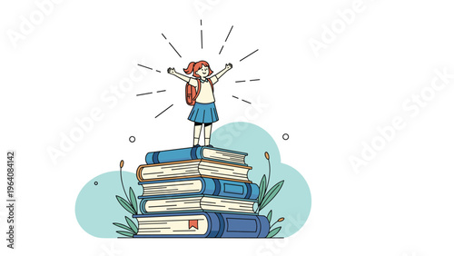 Happy schoolgirl with a backpack standing triumphantly on a stack of books with light rays and leaves in the background.