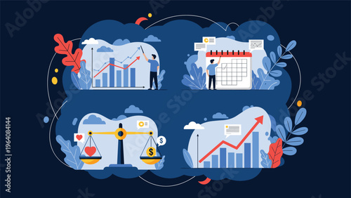 Four separate illustrations showing business growth, scheduling, work-life balance, and profit graphs on a dark blue background.