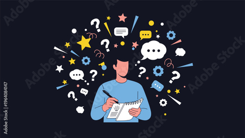 Man in a blue sweater writing in a sketchbook while various icons, stars, and question marks explode from his head.