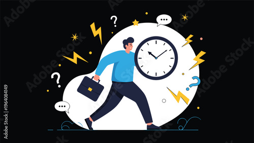 Businessman with a briefcase running fast while holding a large wall clock amidst lightning bolts and question marks.