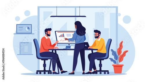 Team of three diverse professionals discussing data charts on a computer screen in a modern blue office environment.