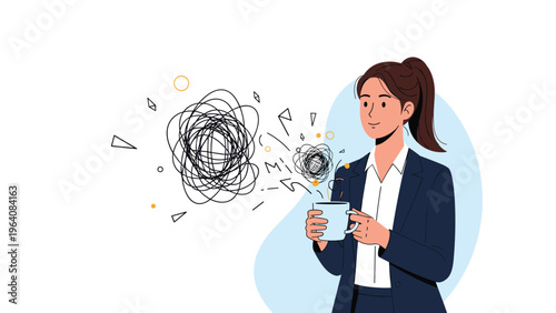 Businesswoman in a dark blue suit holding a white mug with a tangled mess of lines and geometric shapes above it.