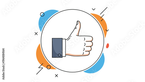 Hand in a suit sleeve showing a thumbs up gesture inside a white circular frame with colorful abstract shapes and lines.