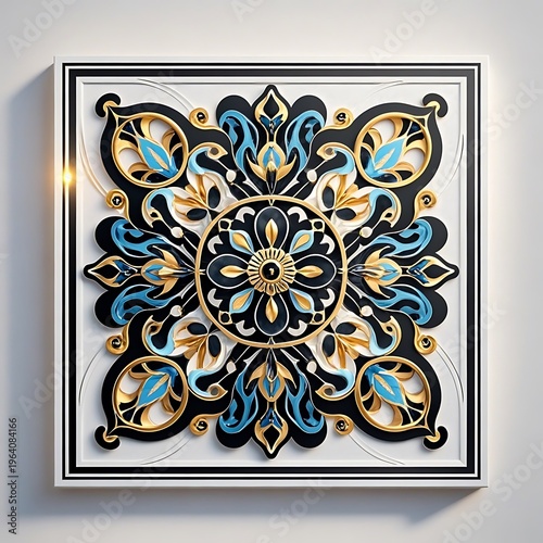 Square wall panel with embossed black gold and blue floral mandala pattern