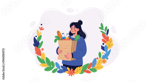 Young woman carrying a paper grocery bag filled with bread, milk, and vegetables framed by a colorful leaf border.