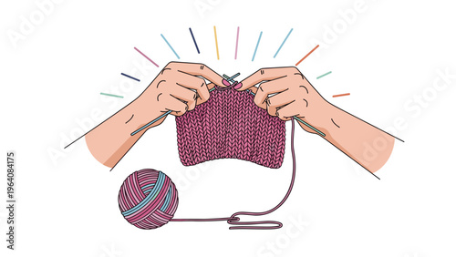 Close-up of two hands using needles to knit a piece of pink fabric with a matching ball of yarn and radiating lines.