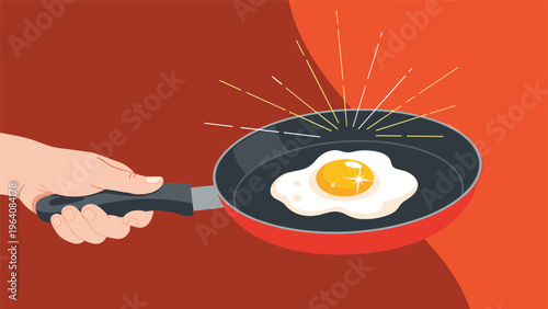 Close-up of a hand holding the handle of a red frying pan with a single sunny-side-up fried egg against a dark red background.