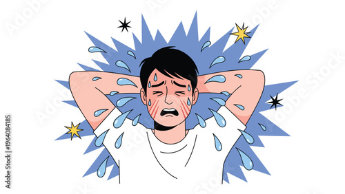 Man with black hair looking distressed and sweating heavily against a blue spiky background with yellow stars.