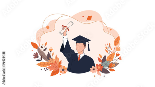 Male graduate in a black cap and gown holding up his diploma against a background of decorative orange fall leaves.