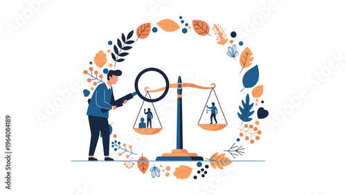 Professional person evaluating equality and balance between people using magnifying glass and traditional justice scales.