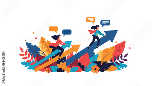 Successful business team riding flying arrows toward growth and achievement with positive communication and strategy.