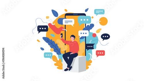 Young man using social media app while sitting in front of large smartphone with colorful speech bubbles and shapes.