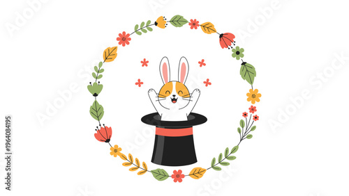Cute white rabbit with orange ears popping out of a black magician's hat inside a circular wreath of colorful flowers and leaves.