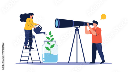Creative team working together to grow new ideas with woman watering plant and man looking through a large telescope.
