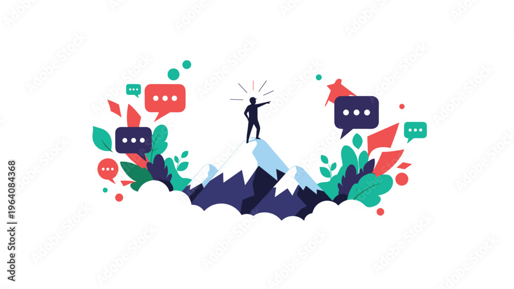 Naklejka premium Silhouette of a person standing triumphantly on top of a snowy mountain peak surrounded by clouds, plants, and speech bubbles.
