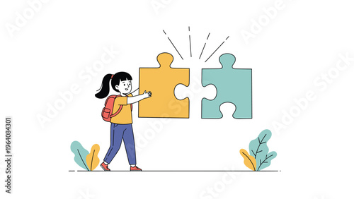 Happy schoolgirl putting together two large puzzle pieces as symbol of active learning and problem solving.