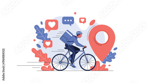 Bicycle delivery courier riding fast toward a large location pin symbol with social media hearts icons.