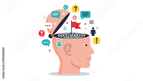 Open head with a brain maze and red flag as metaphor for mental challenges and deep psychological exploration.