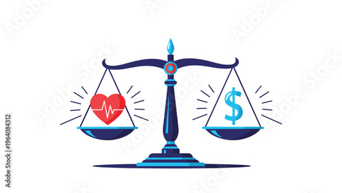 Justice scales balancing a heart with pulse and a dollar sign as symbol of work life balance and personal health.
