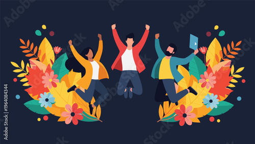 Diverse group of happy people jumping for joy and celebrating success surrounded by colorful autumn leaves and flowers on a dark background.