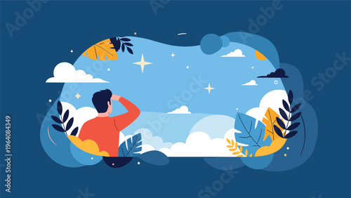 Man from behind looking out a large window at a bright blue sky filled with stars, clouds, and golden leaves in a dreamy composition.