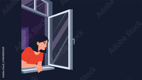 Young woman leaning on a window sill and looking out thoughtfully into the dark night sky in a simple flat vector illustration.