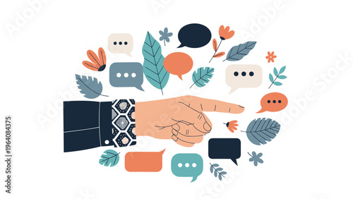 Human hand in a suit sleeve pointing to the right surrounded by colorful leaves, flowers, and various speech bubbles on a white background.