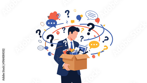 Businessman carrying a box of office belongings surrounded by question marks and speech bubbles representing job loss or career transition.