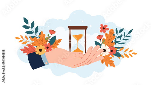 Hand in a business suit holding a wooden hourglass timer surrounded by colorful spring flowers and autumn leaves for time management theme.