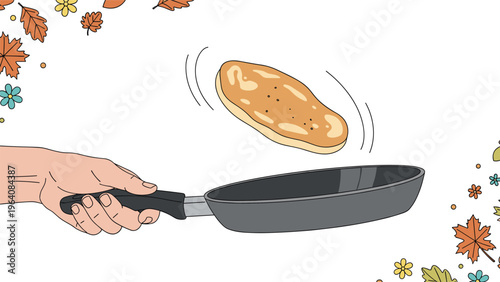 Hand holding a frying pan and flipping a golden pancake in the air surrounded by autumn leaves and flowers for a cooking and food concept.