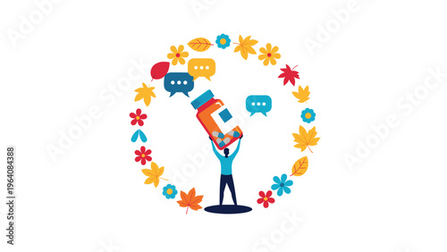 Person holding up a giant orange bottle of medical pills surrounded by a circular frame of autumn leaves and flowers for healthcare concept.