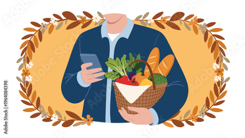 Man holding a basket of fresh harvest vegetables and bread while using a mobile phone application for grocery shopping in a floral frame.