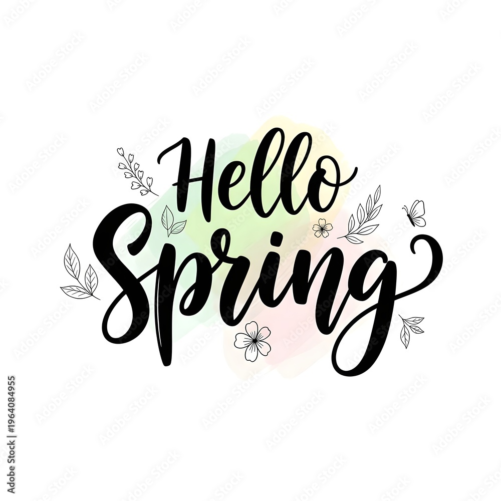 Fototapeta premium Hello Spring lettering with floral and butterfly elements