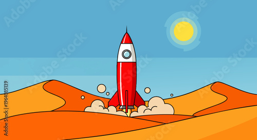 a red and white rocket blasting off from a sunny desert landscape with sand dunes symbolizing startup success and new beginnings