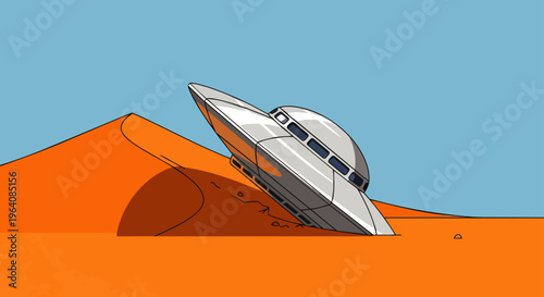 a ufo spaceship has crash landed in a vast desert landscape under a clear blue sky evoking an alien encounter mystery.