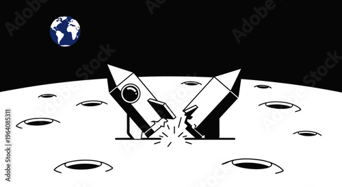 rocket crash illustration depicting two broken spaceships colliding on the moon surface with earth in background symbolizing a failed space exploration mission or global conflict.
