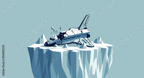 space shuttle crash on an iceberg a climate change environmental disaster illustrating global warming and technological failure.