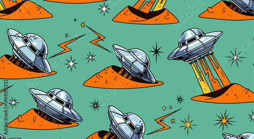 retro ufo spaceship crash landing seamless pattern in comic style depicting alien encounters and cosmic exploration on a striped green background.